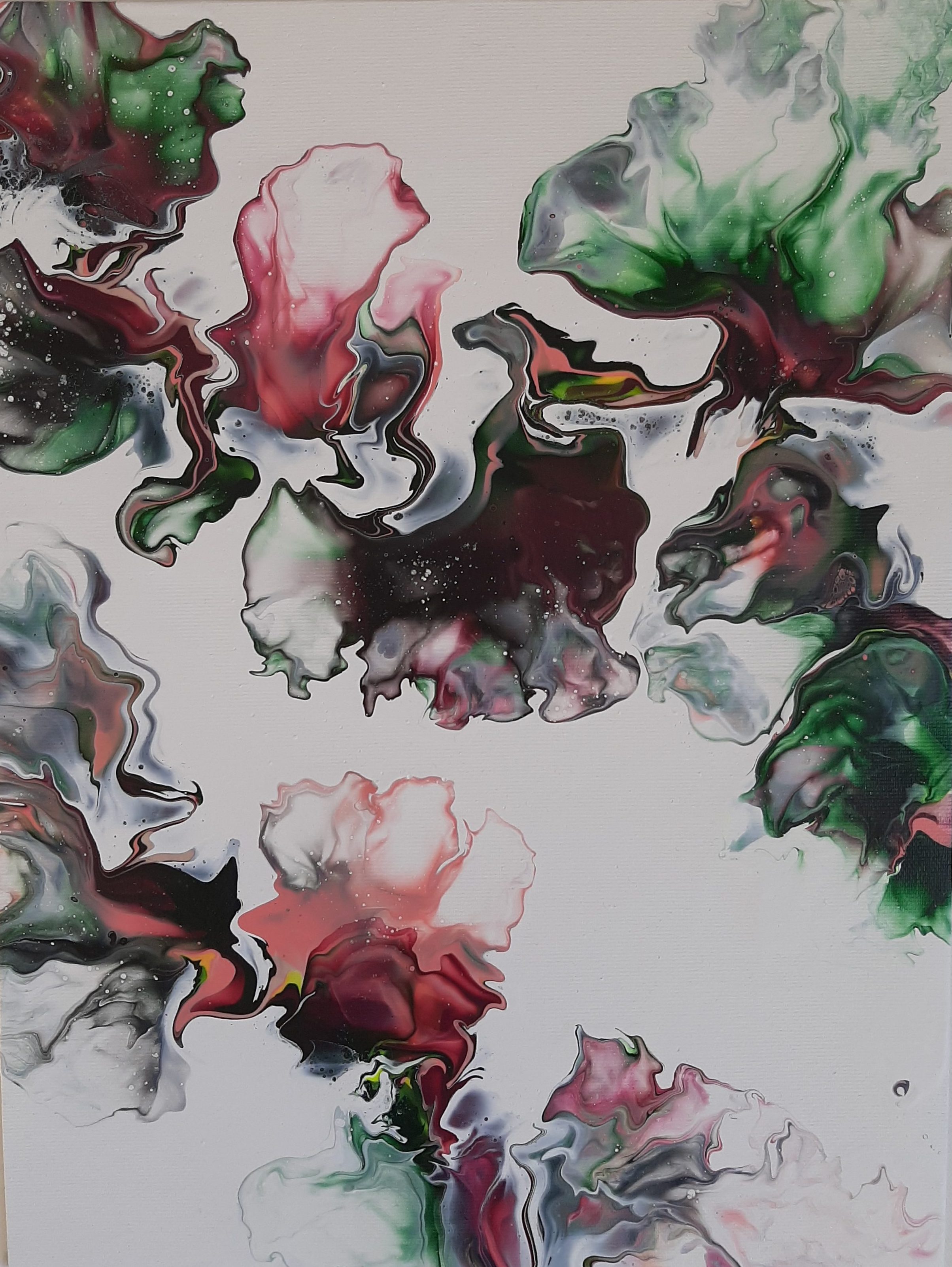 Update, peinture abstraite à l’acrylique fluide rose et vert