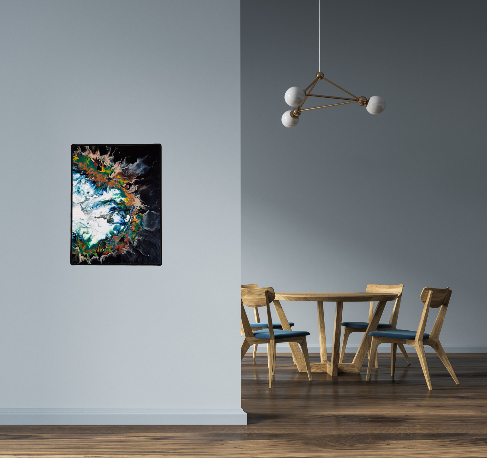 Mise en situation de la peinture Just Half, 30 × 40 cm, sur un mur gris dans un intérieur contemporain