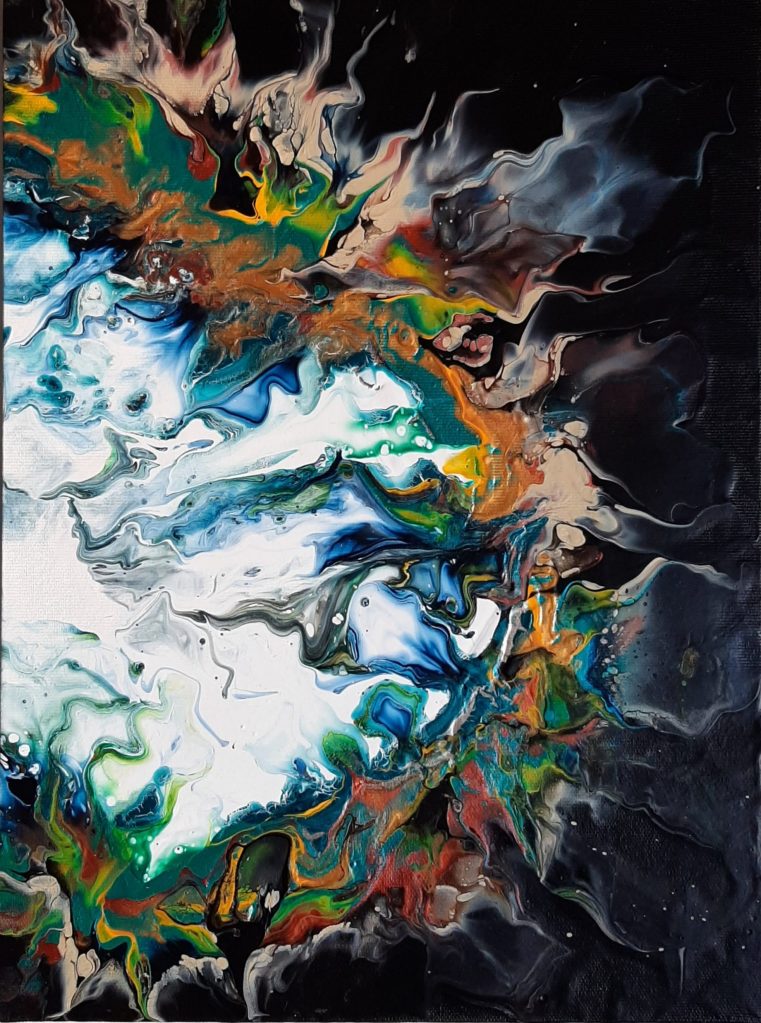 Just Half, peinture abstraite à l’acrylique aux tons noir, blanc, bleu, vert et ocre