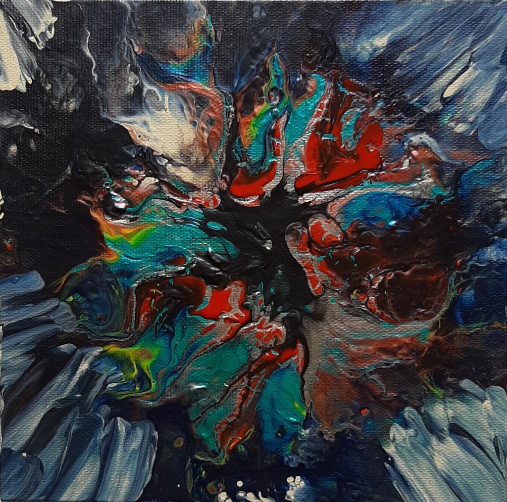 Leftovers n°2, peinture abstraite à l’acrylique fluide aux tons bleu, rouge, turquoise, noir et blanc