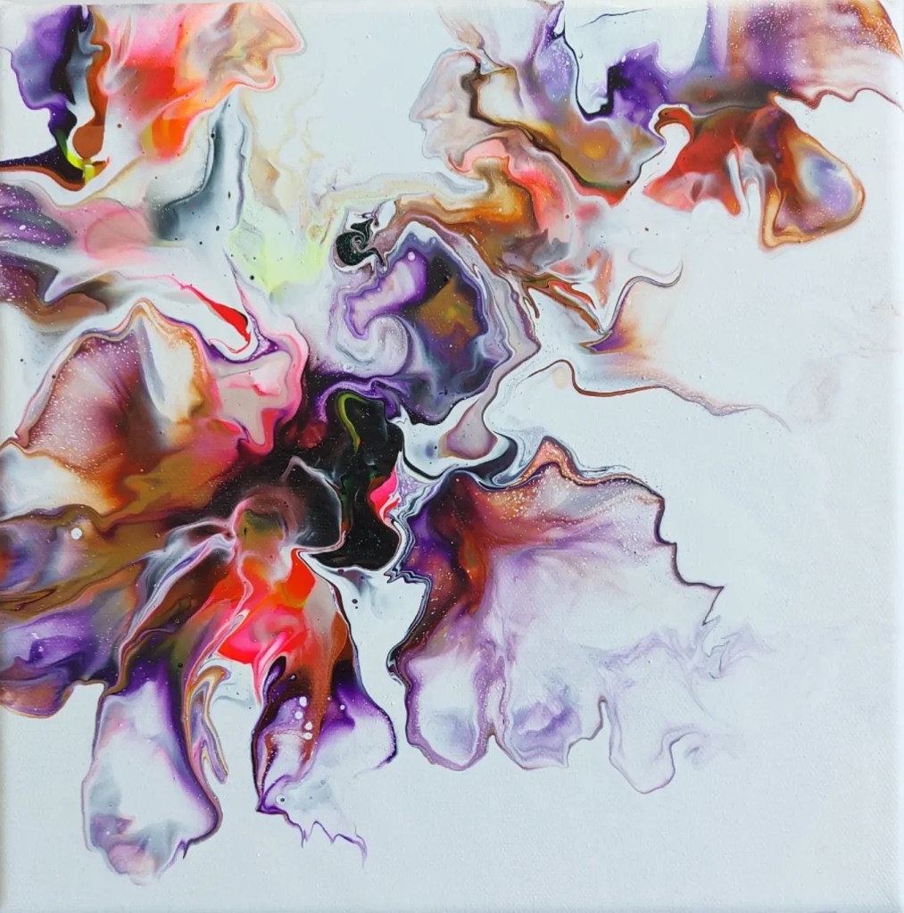 Première toile de Spring Triptych, composition abstraite violette, rose, orange et dorée sur fond blanc
