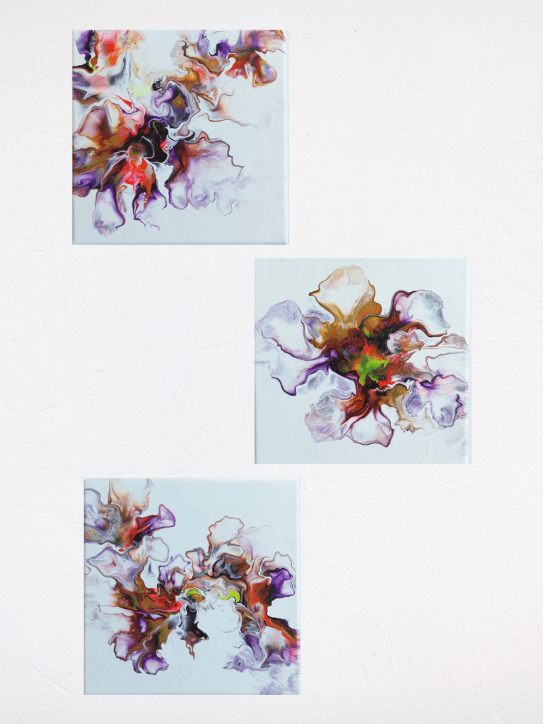 Spring Triptych, triptyque de trois peintures abstraites colorées à l’acrylique fluide