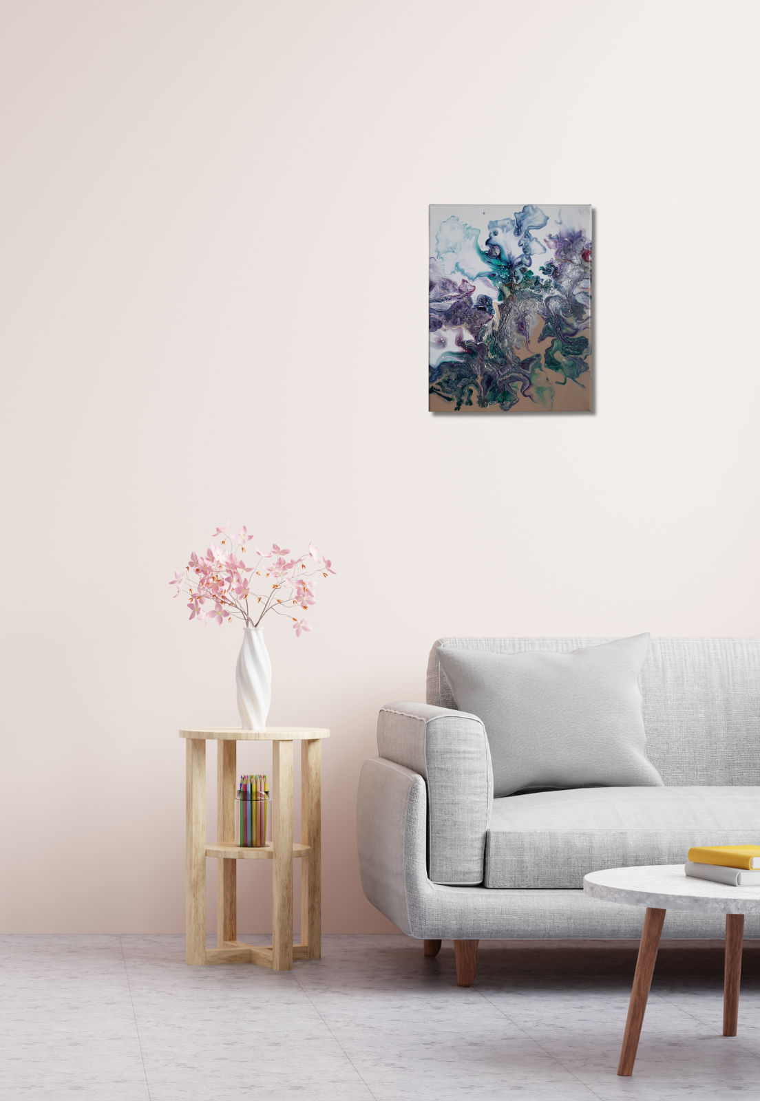 Mise en situation de la peinture Beyond appearances sur un mur clair dans un intérieur contemporain