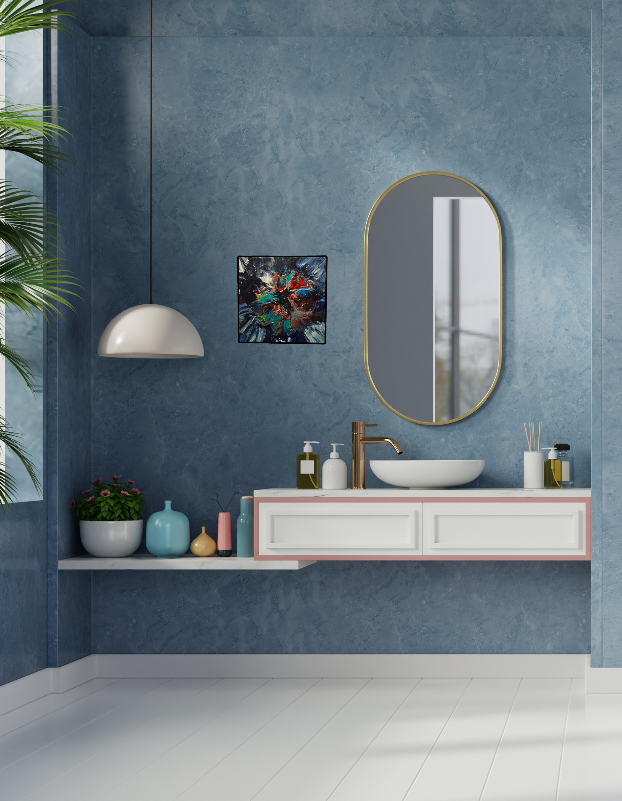 Mise en situation de la peinture Leftovers n°2 dans un intérieur contemporain