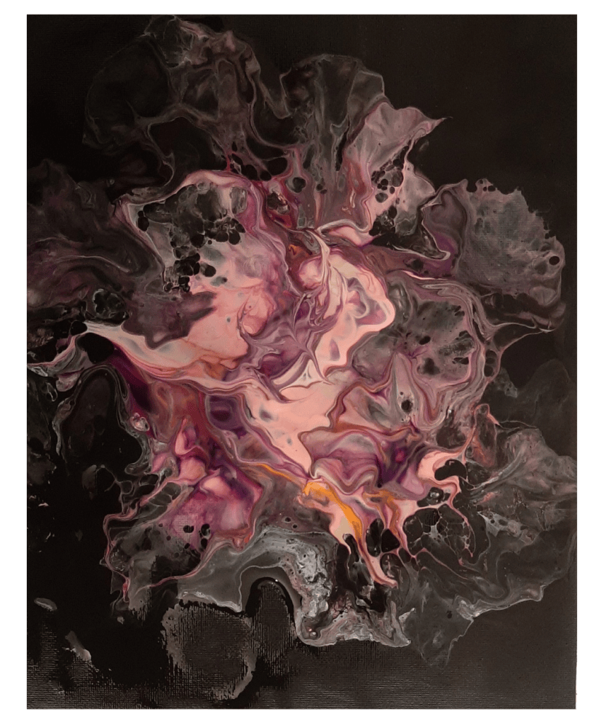Une peinture abstraite avec des tourbillons de couleurs rose, violet et noir sur un fond sombre.