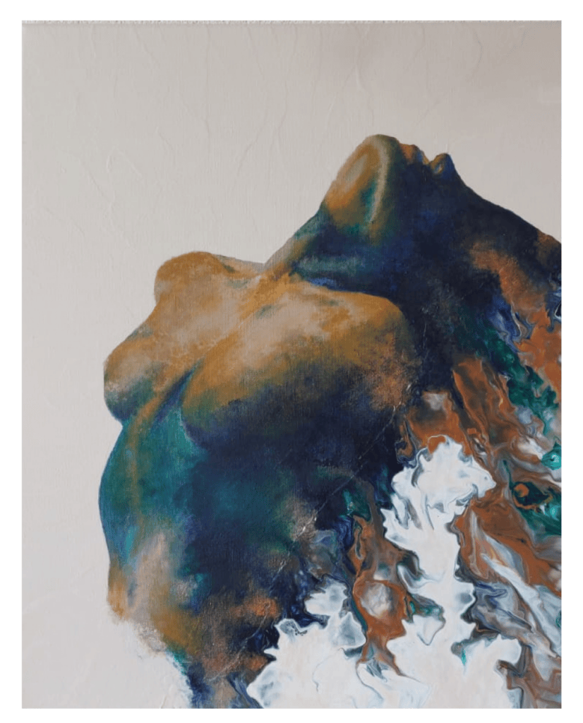 Peinture abstraite représentant un visage humain tourné vers le haut, avec des couleurs dominantes bleu, bronze et des touches blanches.
